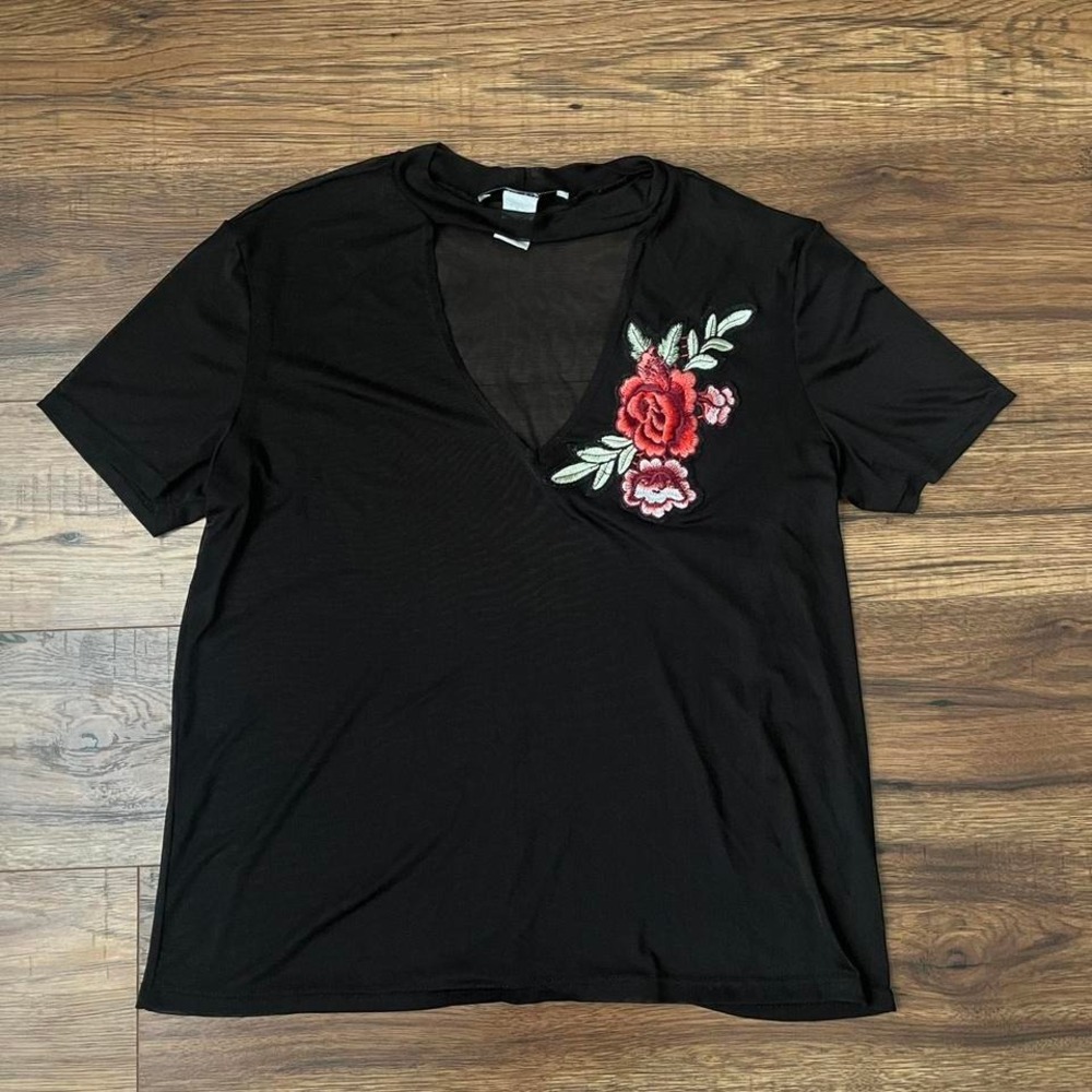 Y2K Black Mesh Floral Embroidered V Neck Top Rose Women Medium‎ Whimsygoth Fairy